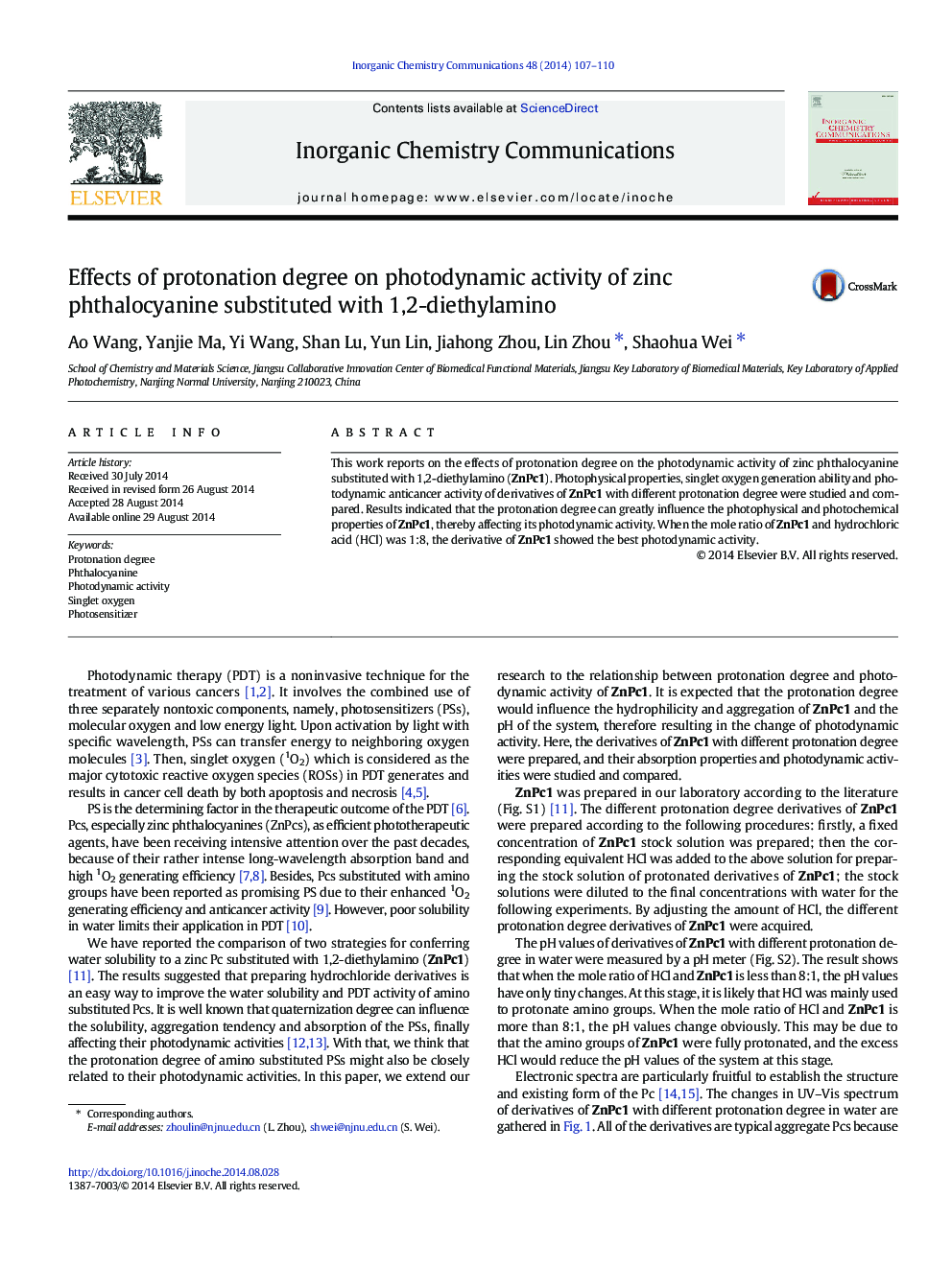 Effects of protonation degree on photodynamic activity of zinc phthalocyanine substituted with 1,2-diethylamino