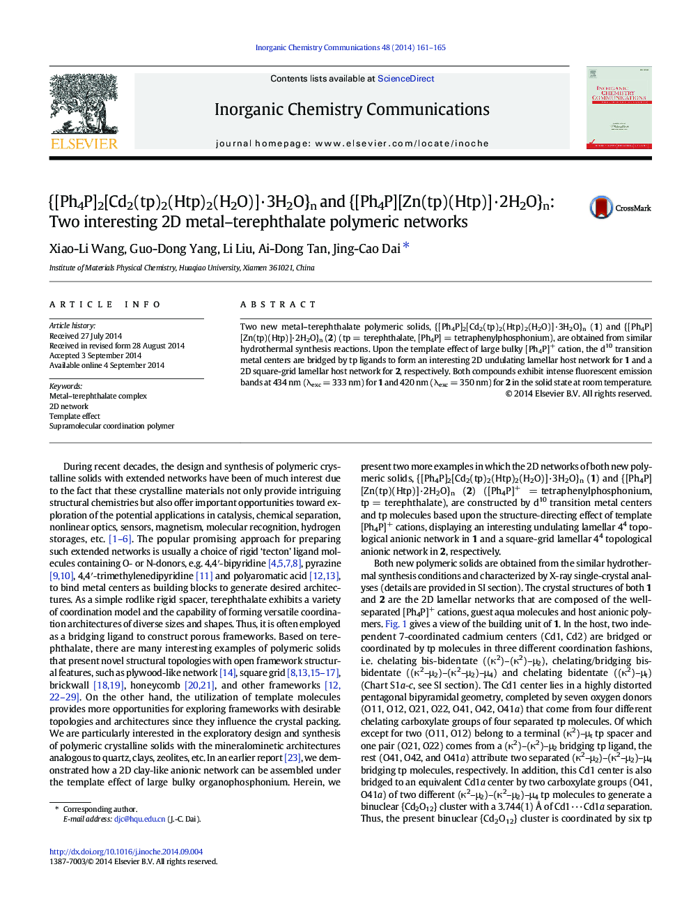 {[Ph4P]2[Cd2(tp)2(Htp)2(H2O)]·3H2O}n and {[Ph4P][Zn(tp)(Htp)]·2H2O}n: Two interesting 2D metal–terephthalate polymeric networks