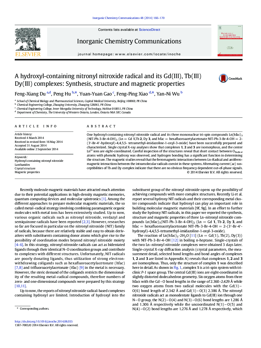 A hydroxyl-containing nitronyl nitroxide radical and its Gd(III), Tb(III) Dy(III) complexes: Synthesis, structure and magnetic properties