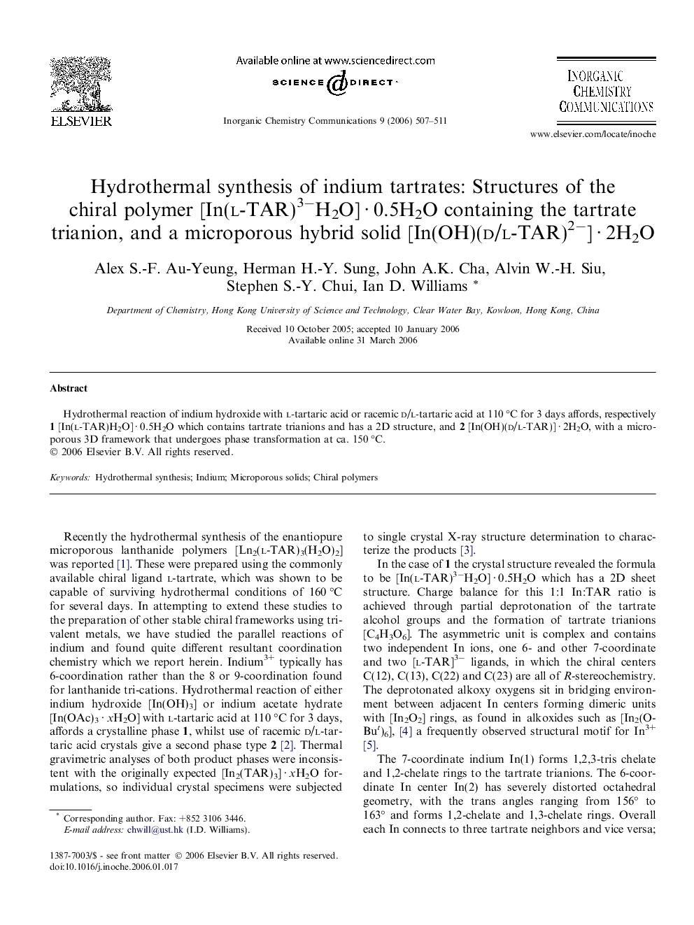 Hydrothermal synthesis of indium tartrates: Structures of the chiral polymer [In(l-TAR)3−H2O] · 0.5H2O containing the tartrate trianion, and a microporous hybrid solid [In(OH)(d/l-TAR)2−] · 2H2O