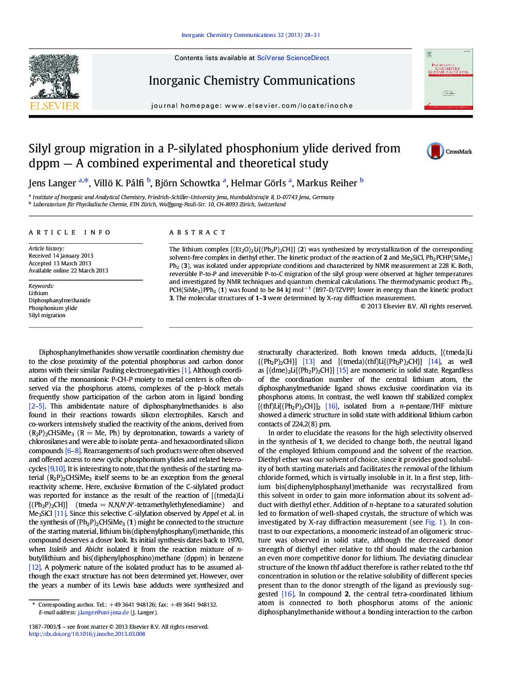 Silyl group migration in a P-silylated phosphonium ylide derived from dppm - A combined experimental and theoretical study