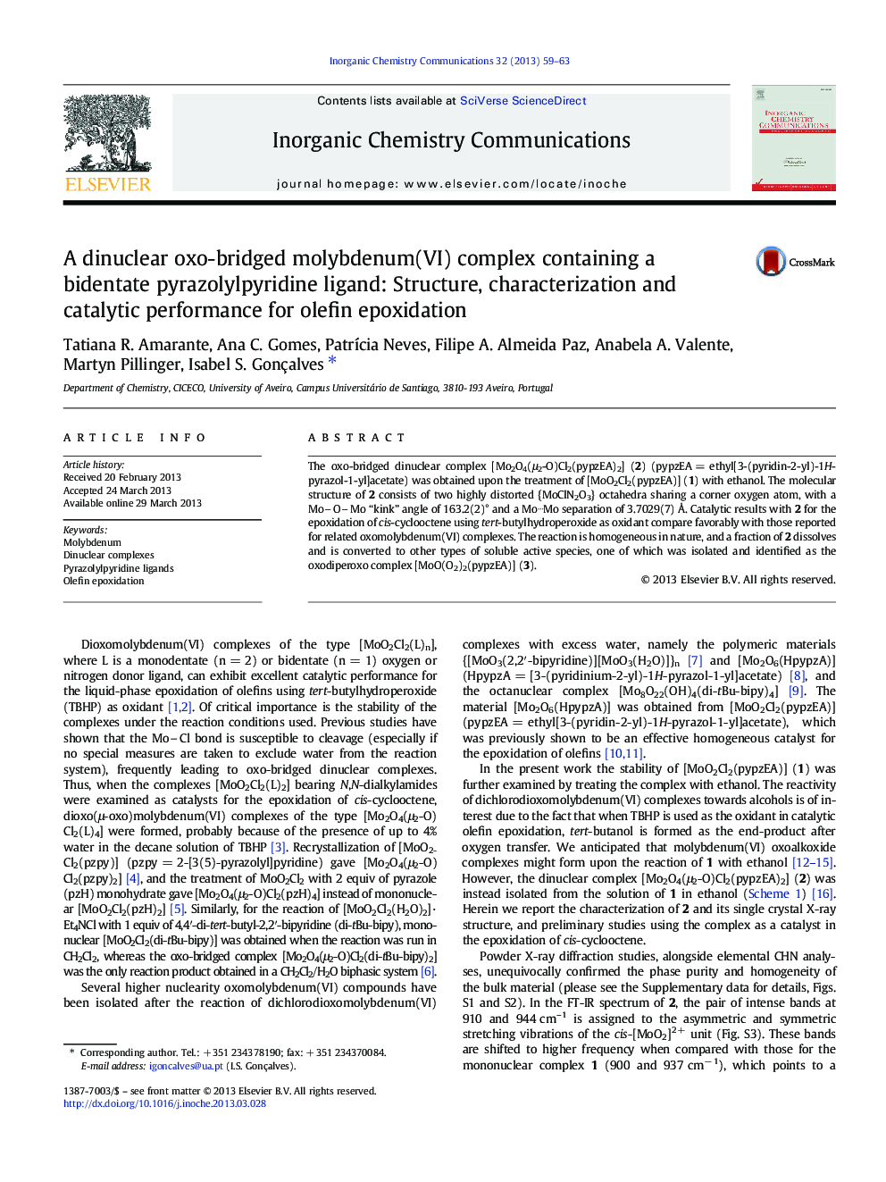 A dinuclear oxo-bridged molybdenum(VI) complex containing a bidentate pyrazolylpyridine ligand: Structure, characterization and catalytic performance for olefin epoxidation