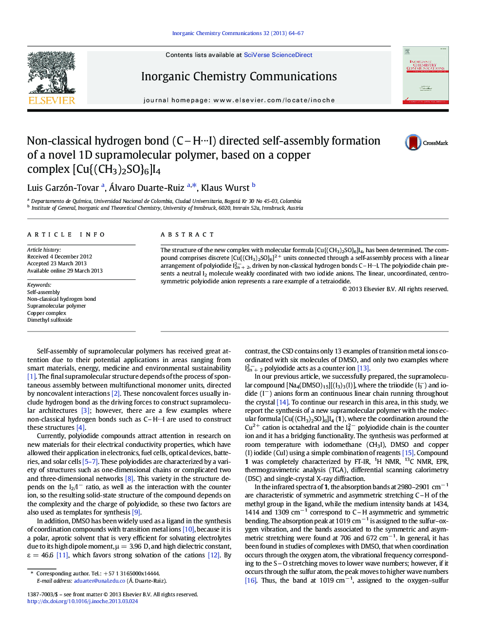 Non-classical hydrogen bond (CH∙∙∙I) directed self-assembly formation of a novel 1D supramolecular polymer, based on a copper complex [Cu{(CH3)2SO}6]I4