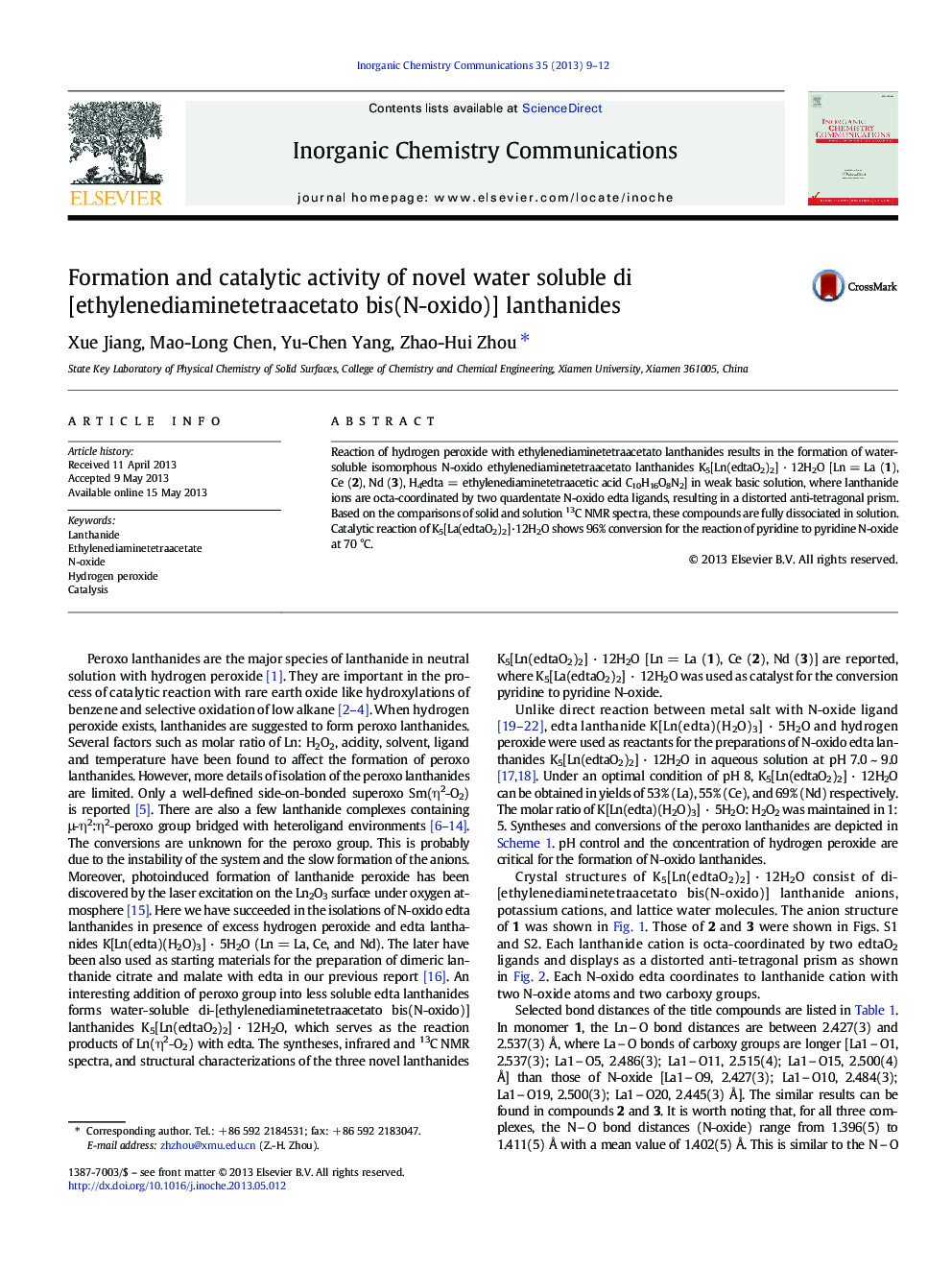 Formation and catalytic activity of novel water soluble di[ethylenediaminetetraacetato bis(N-oxido)] lanthanides