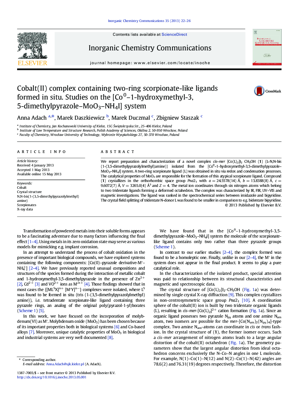 Cobalt(II) complex containing two-ring scorpionate-like ligands formed in situ. Studies on the [Co0–1-hydroxymethyl-3,5-dimethylpyrazole–MoO3–NH4I] system