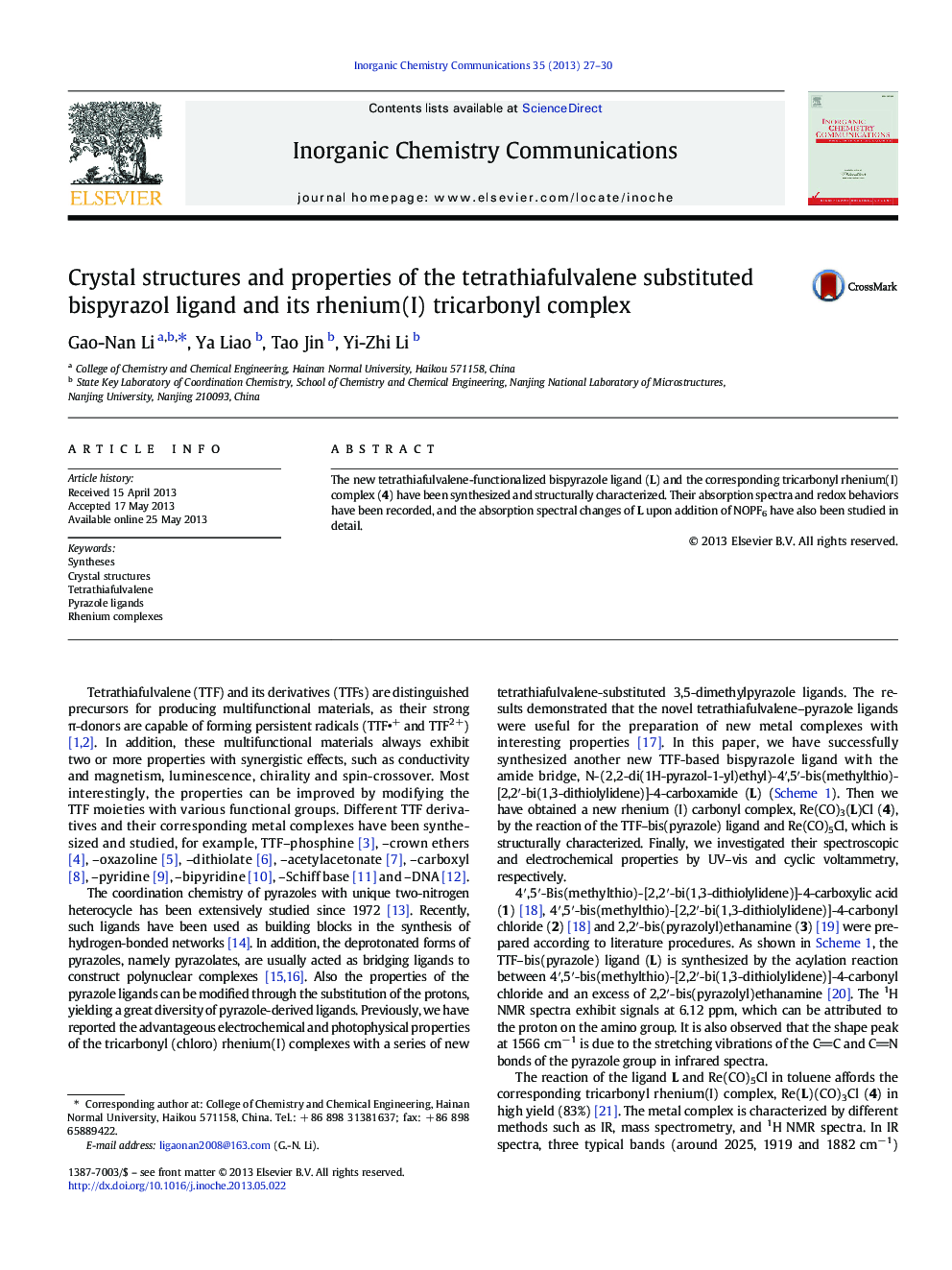 Crystal structures and properties of the tetrathiafulvalene substituted bispyrazol ligand and its rhenium(I) tricarbonyl complex