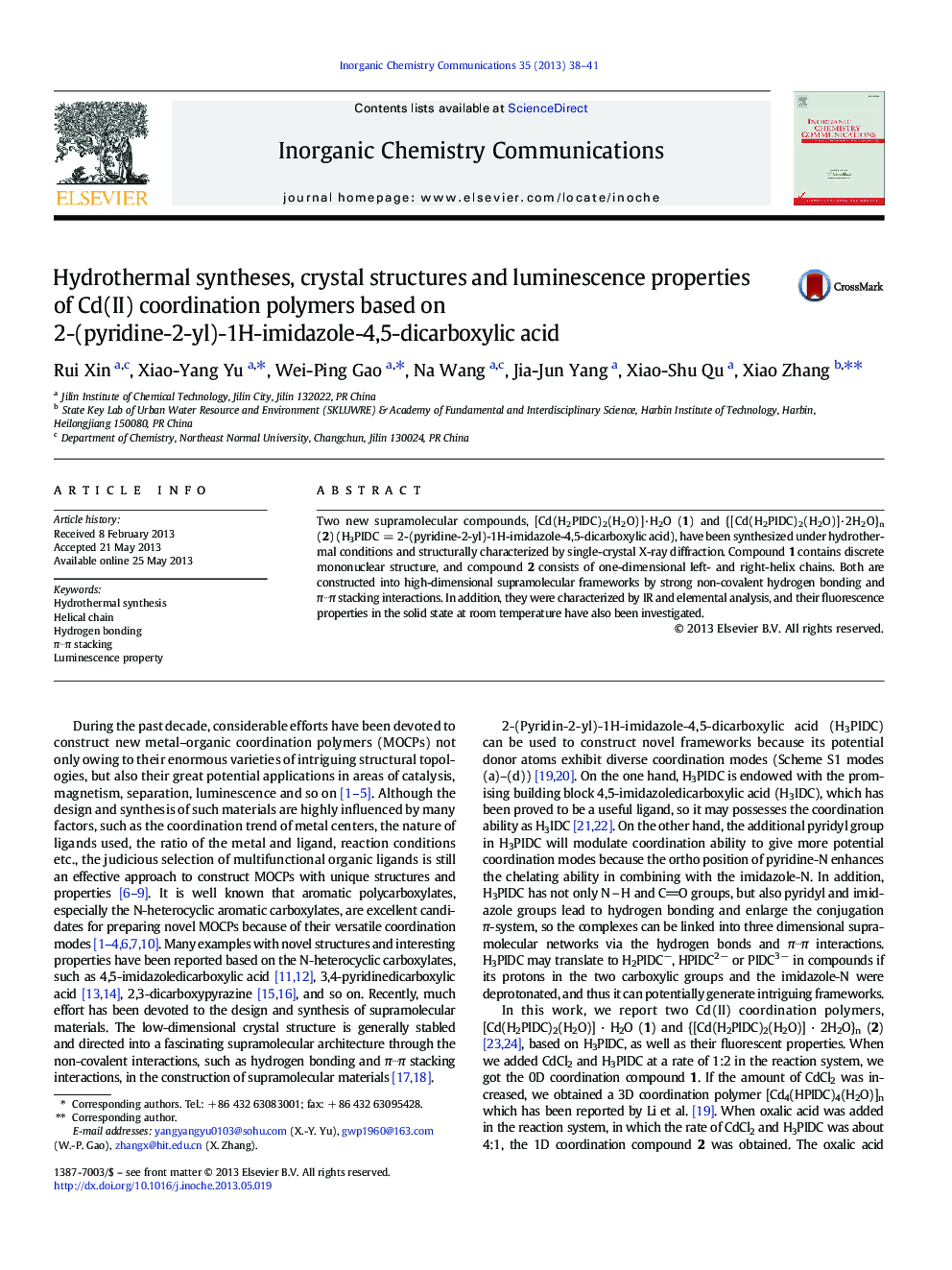 Hydrothermal syntheses, crystal structures and luminescence properties of Cd(II) coordination polymers based on 2-(pyridine-2-yl)-1H-imidazole-4,5-dicarboxylic acid