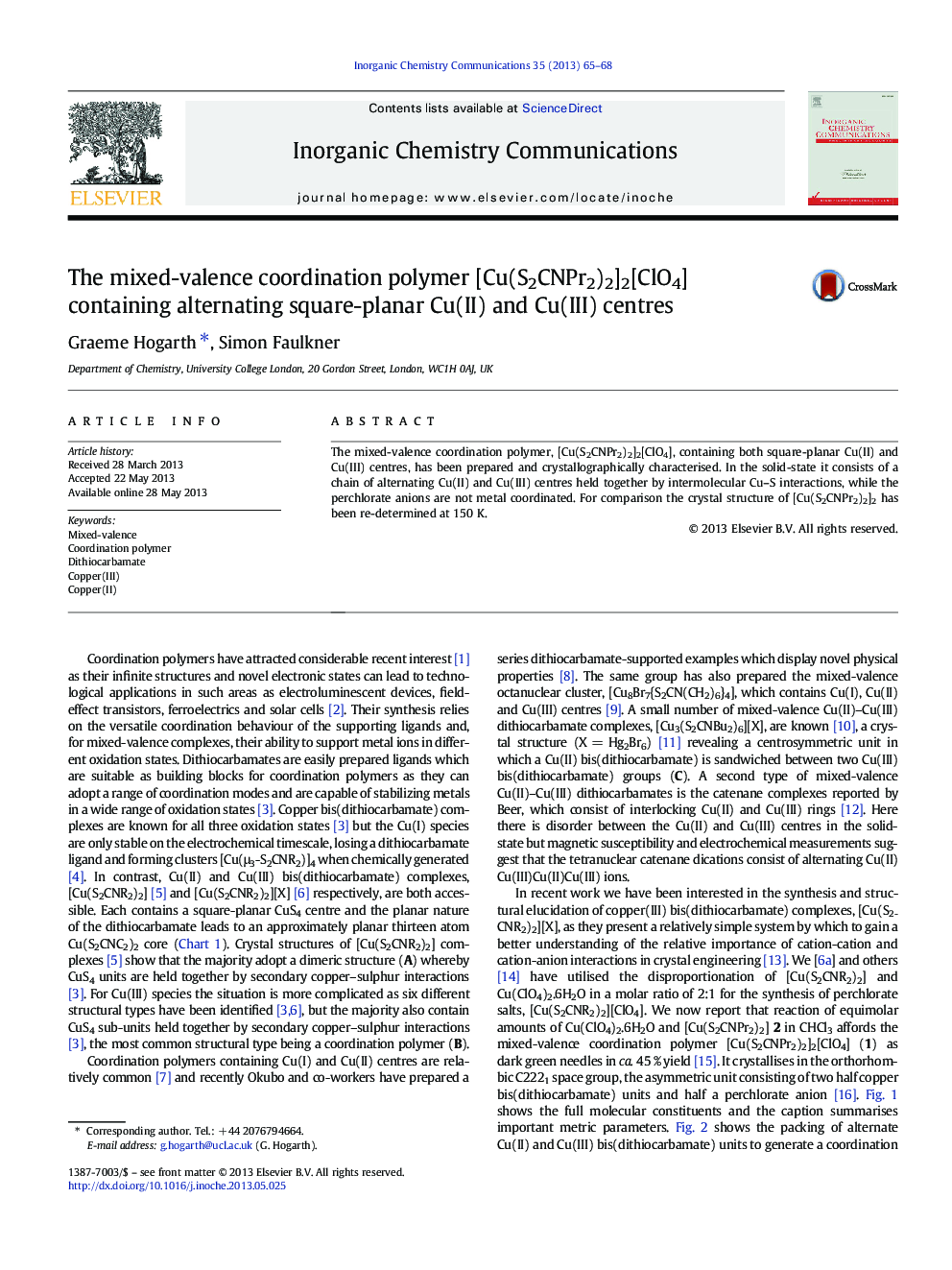 The mixed-valence coordination polymer [Cu(S2CNPr2)2]2[ClO4] containing alternating square-planar Cu(II) and Cu(III) centres