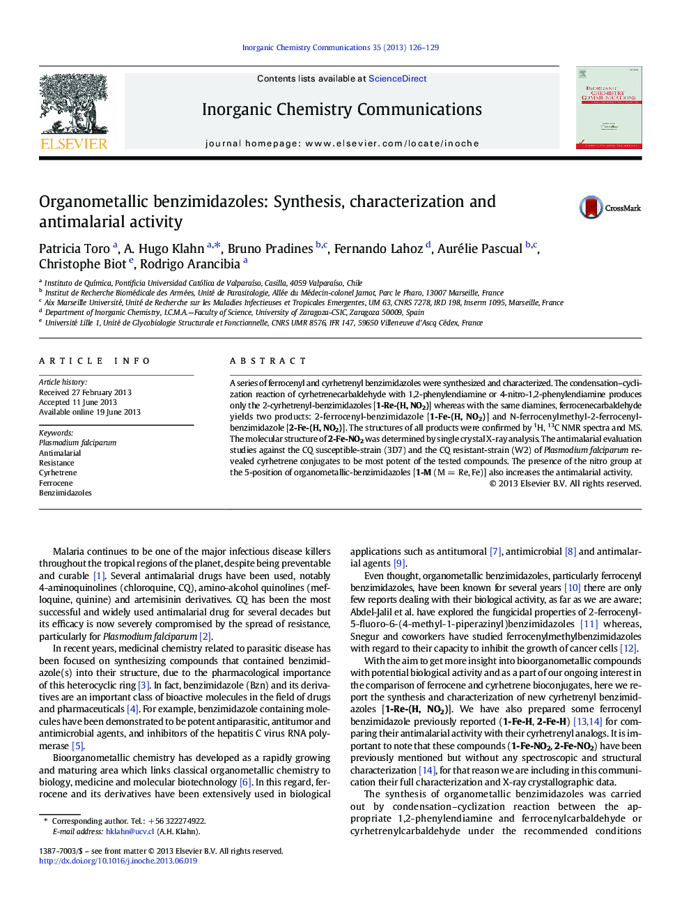 Organometallic benzimidazoles: Synthesis, characterization and antimalarial activity