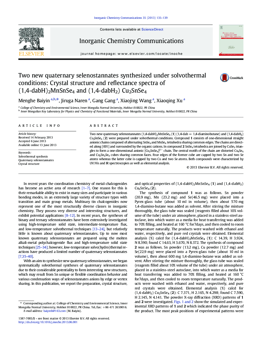 Two new quaternary selenostannates synthesized under solvothermal conditions: Crystal structure and reflectance spectra of (1,4-dabH)2MnSnSe4 and (1,4-dabH2) Cu2SnSe4