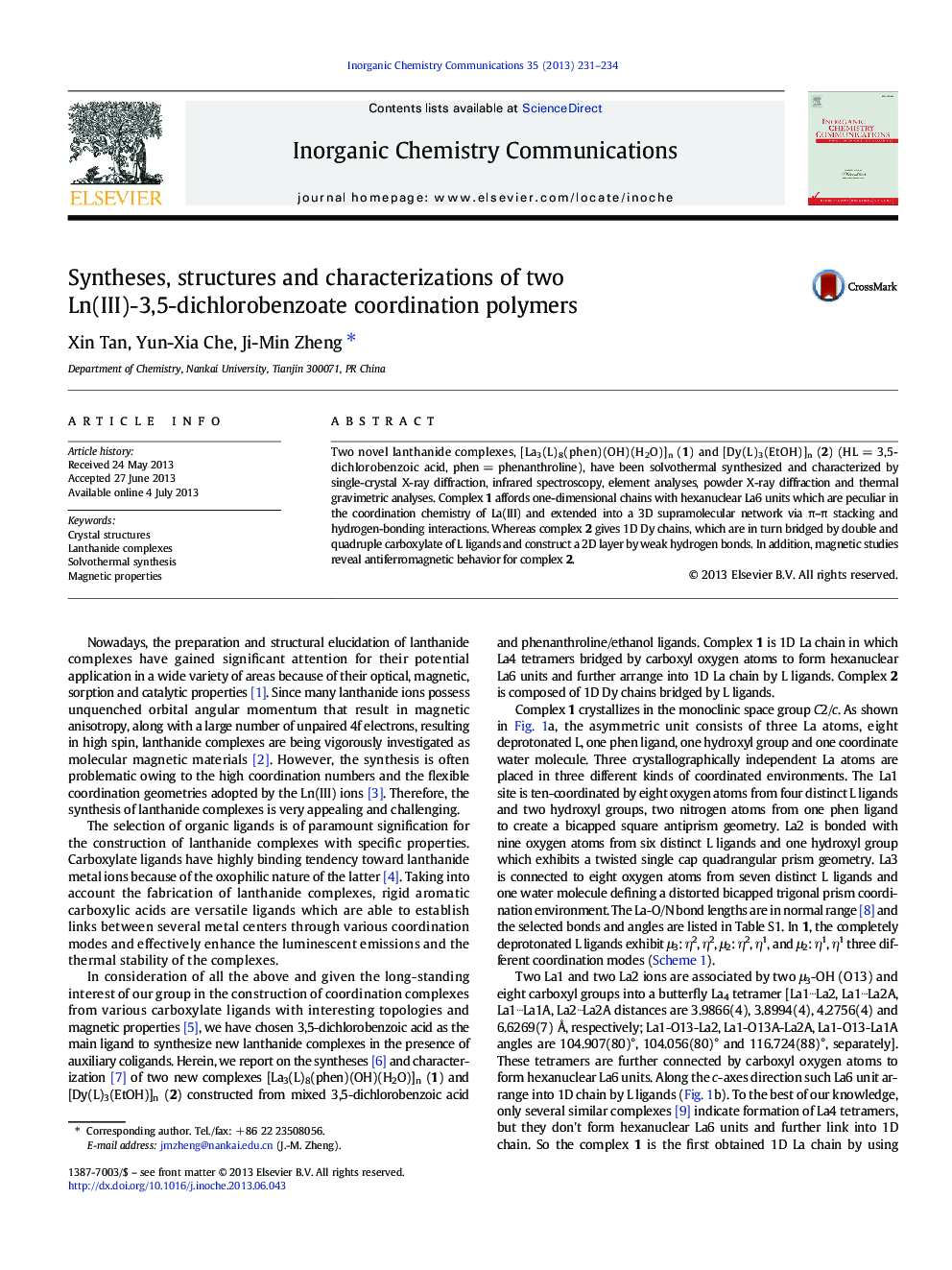 Syntheses, structures and characterizations of two Ln(III)-3,5-dichlorobenzoate coordination polymers