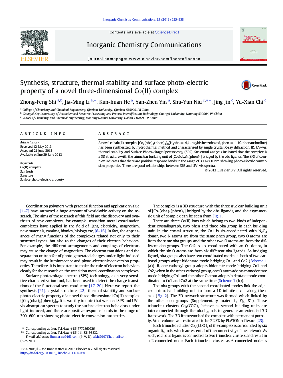 Synthesis, structure, thermal stability and surface photo-electric property of a novel three-dimensional Co(II) complex