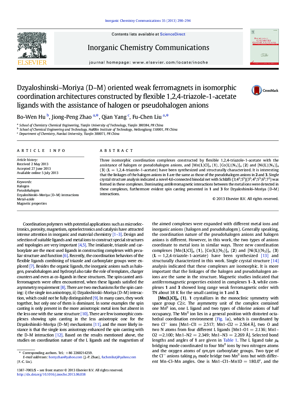 Dzyaloshinski–Moriya (D–M) oriented weak ferromagnets in isomorphic coordination architectures constructed by flexible 1,2,4-triazole-1-acetate ligands with the assistance of halogen or pseudohalogen anions