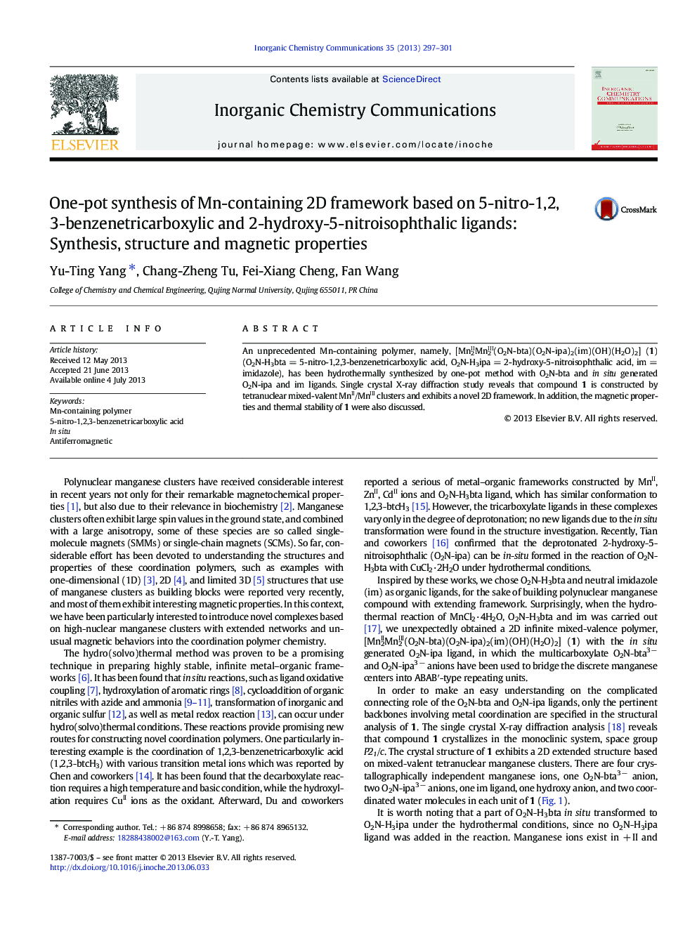 One-pot synthesis of Mn-containing 2D framework based on 5-nitro-1,2,3-benzenetricarboxylic and 2-hydroxy-5-nitroisophthalic ligands: Synthesis, structure and magnetic properties