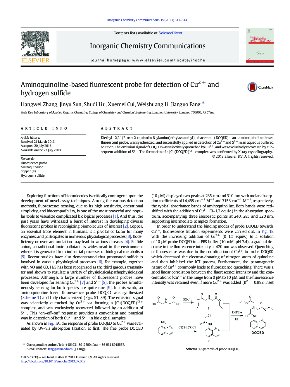 Aminoquinoline-based fluorescent probe for detection of Cu2 + and hydrogen sulfide