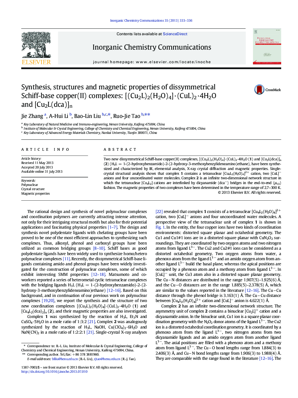 Synthesis, structures and magnetic properties of dissymmetrical Schiff-base copper(II) complexes: [(Cu2L)2(H2O)4]·(CuL)2·4H2O and [Cu2L(dca)]n