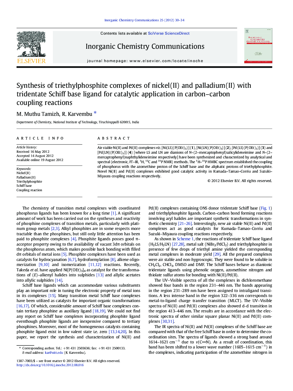 Synthesis of triethylphosphite complexes of nickel(II) and palladium(II) with tridentate Schiff base ligand for catalytic application in carbon–carbon coupling reactions