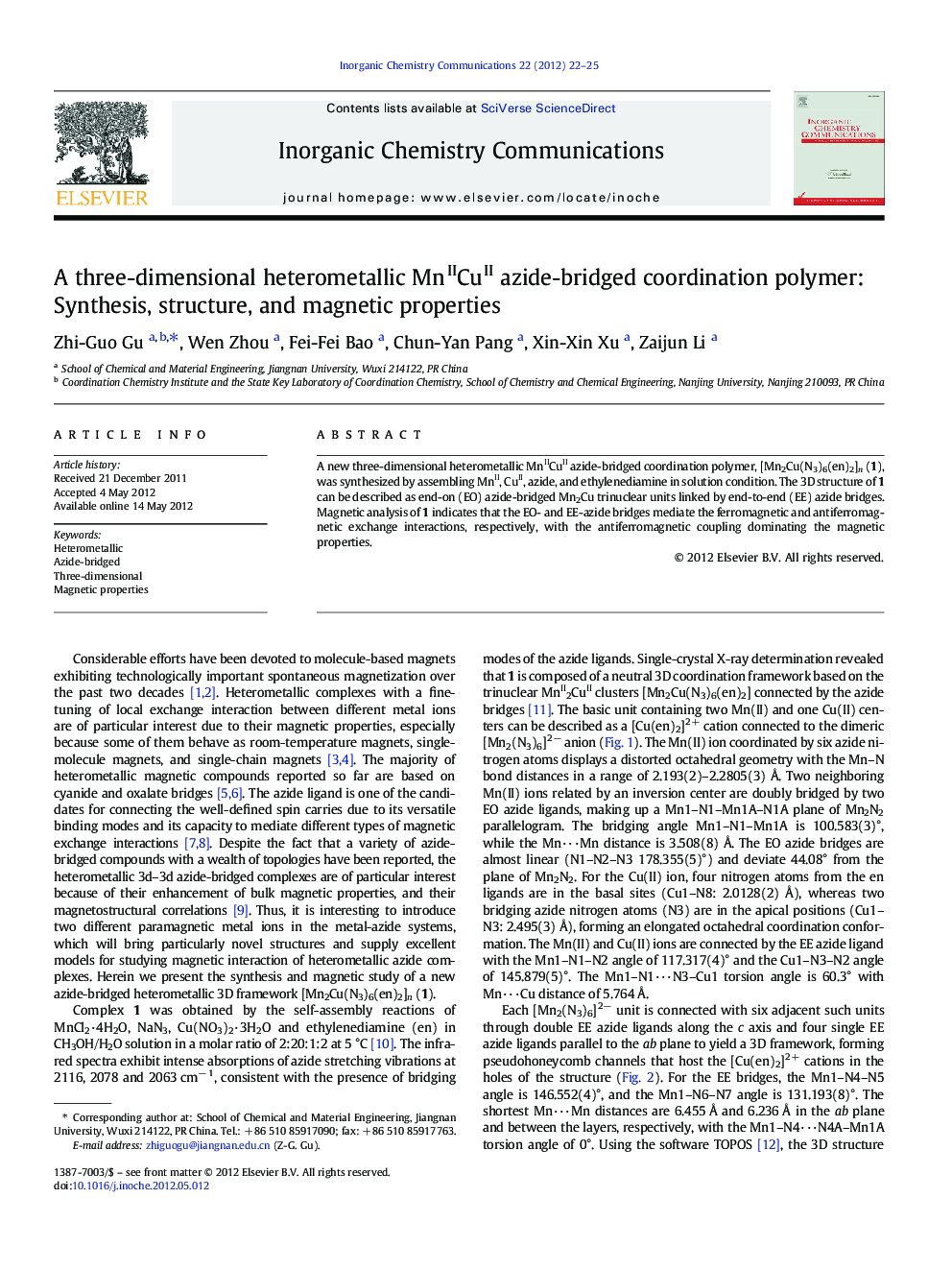 A three-dimensional heterometallic MnIICuII azide-bridged coordination polymer: Synthesis, structure, and magnetic properties