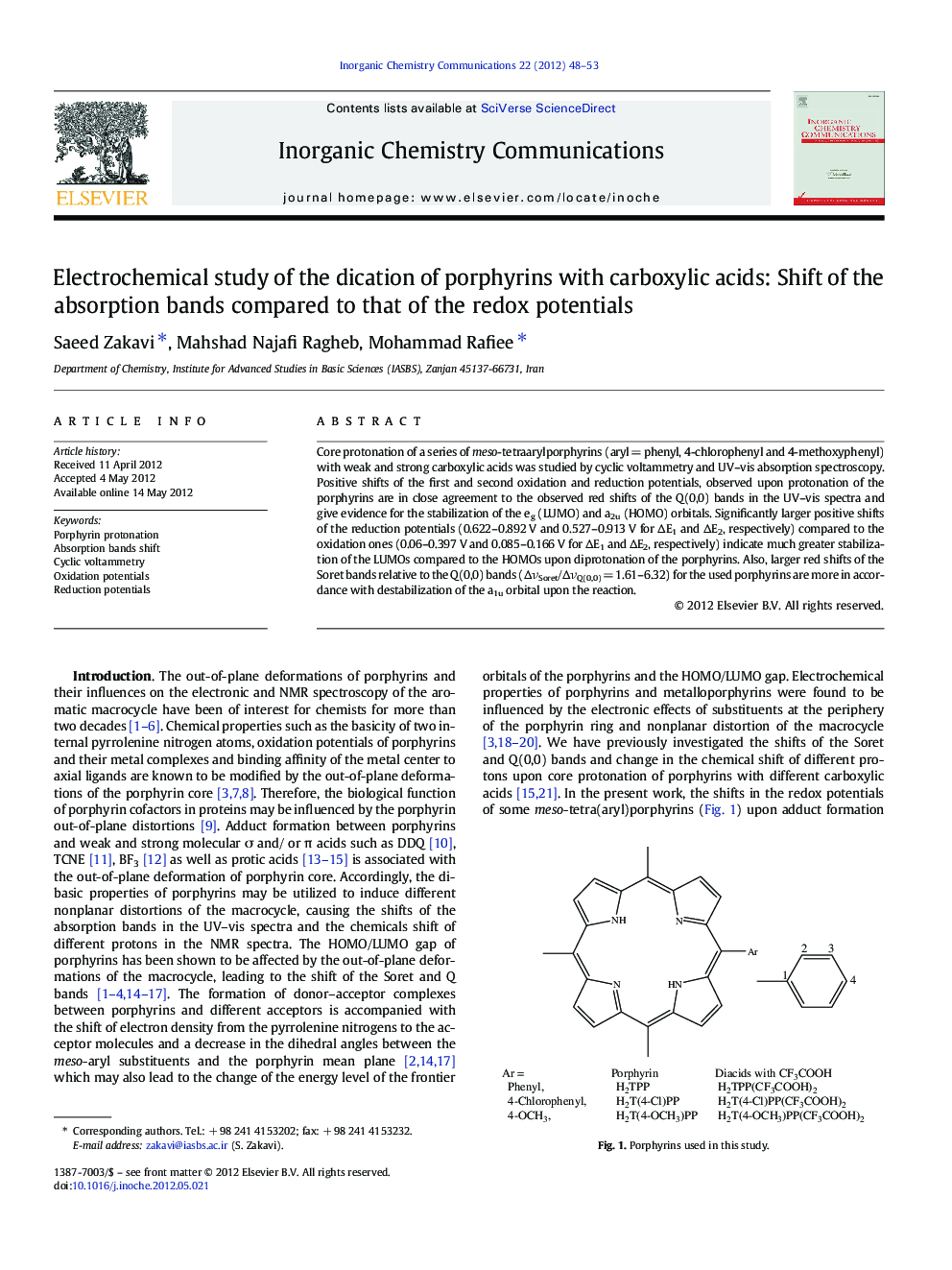 Electrochemical study of the dication of porphyrins with carboxylic acids: Shift of the absorption bands compared to that of the redox potentials