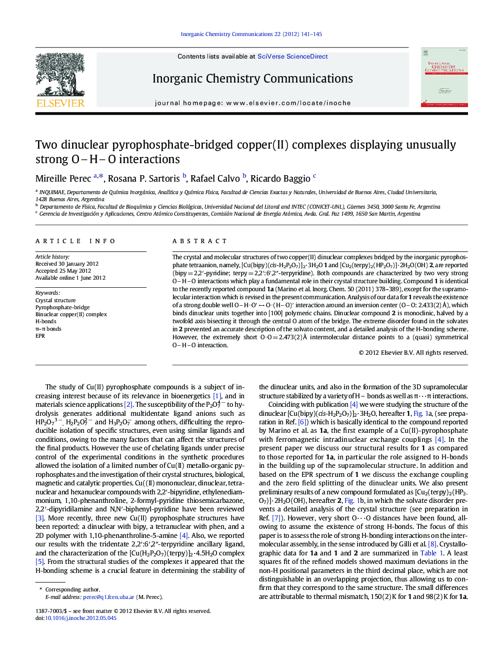 Two dinuclear pyrophosphate-bridged copper(II) complexes displaying unusually strong OHO interactions