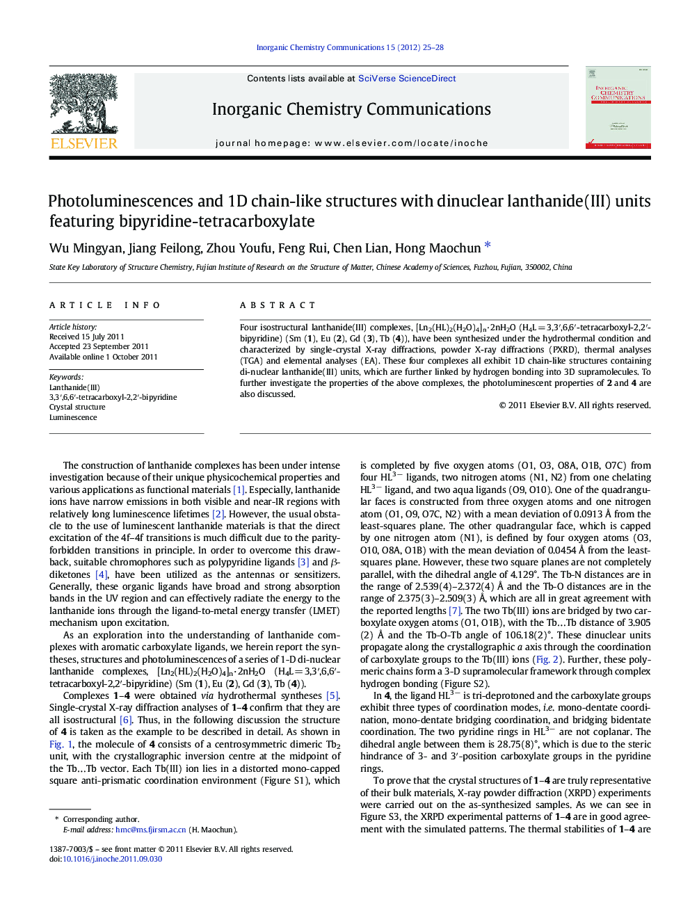 عکس صفحه اول مقاله: Photoluminescences and 1D chain-like structures with dinuclear lanthanide(III) units featuring bipyridine-tetracarboxylate Photoluminescences and 1D chain-like structures with dinuclear lanthanide(III) units featuring bipyridine-tetracarboxylate