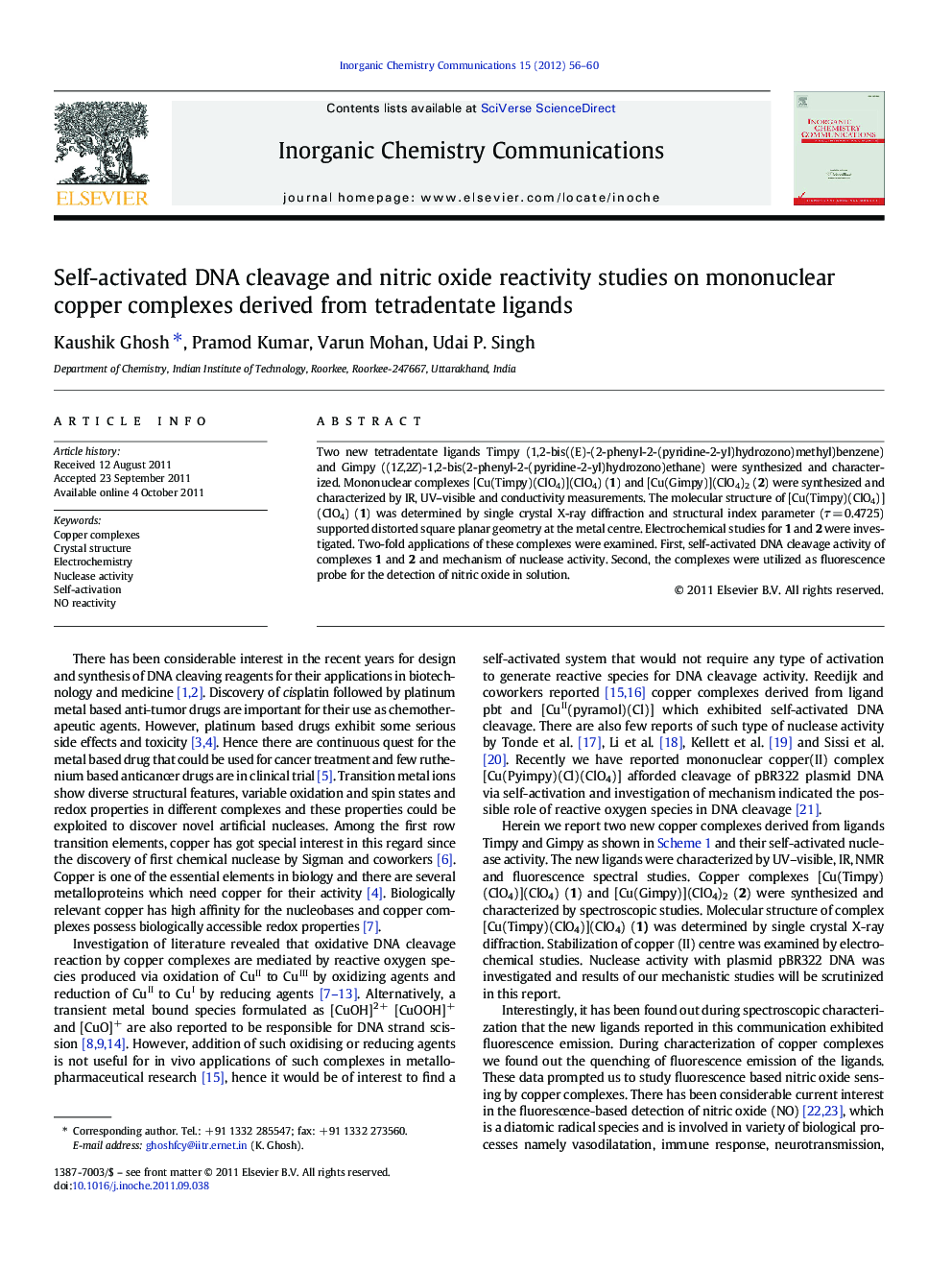 Self-activated DNA cleavage and nitric oxide reactivity studies on mononuclear copper complexes derived from tetradentate ligands