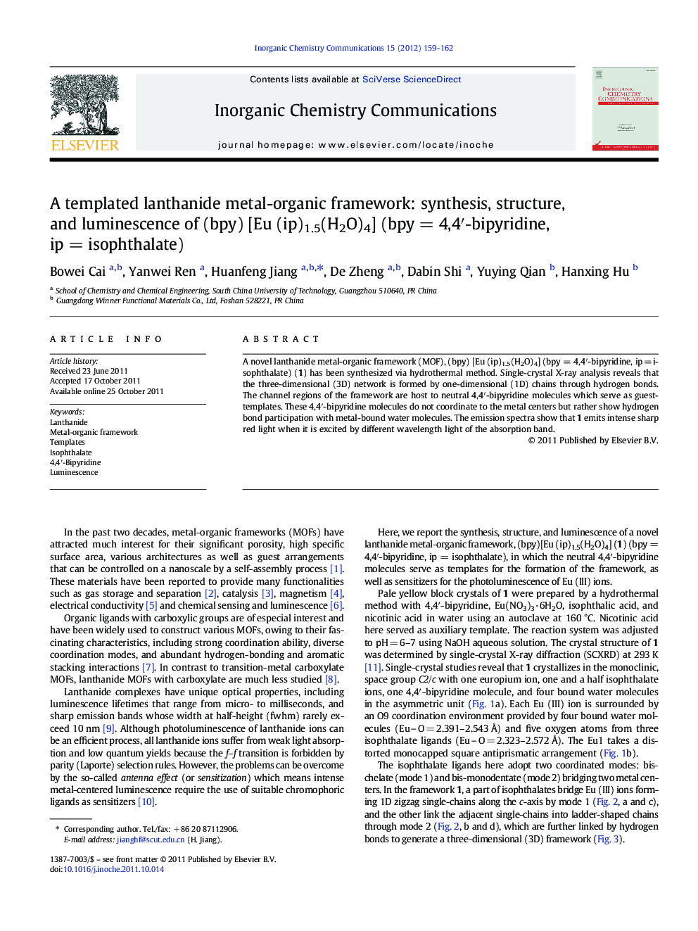 A templated lanthanide metal-organic framework: synthesis, structure, and luminescence of (bpy) [Eu (ip)1.5(H2O)4] (bpy = 4,4′-bipyridine, ip = isophthalate)