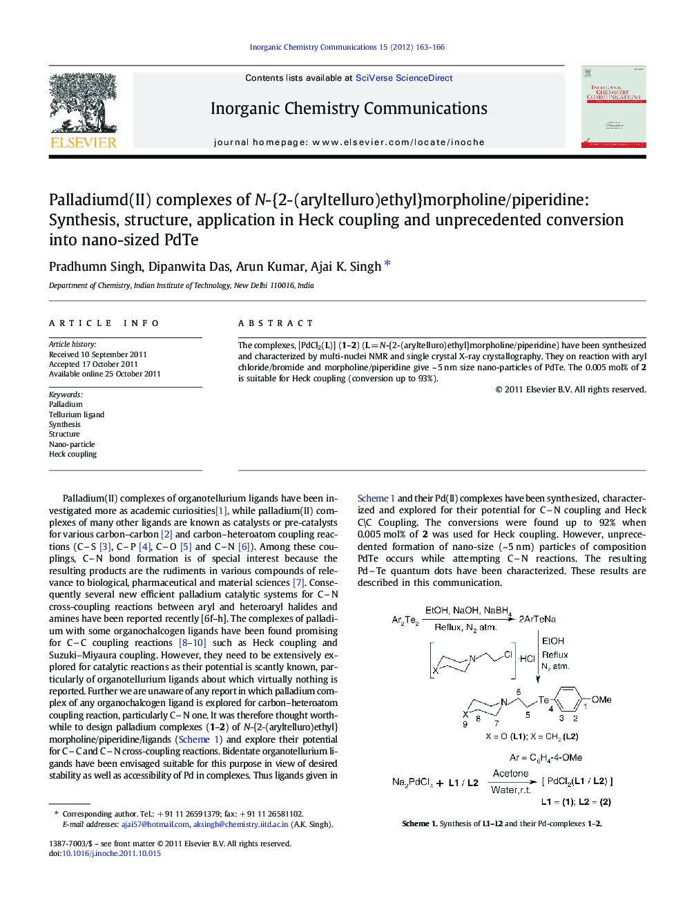 Palladiumd(II) complexes of N-{2-(aryltelluro)ethyl}morpholine/piperidine: Synthesis, structure, application in Heck coupling and unprecedented conversion into nano-sized PdTe