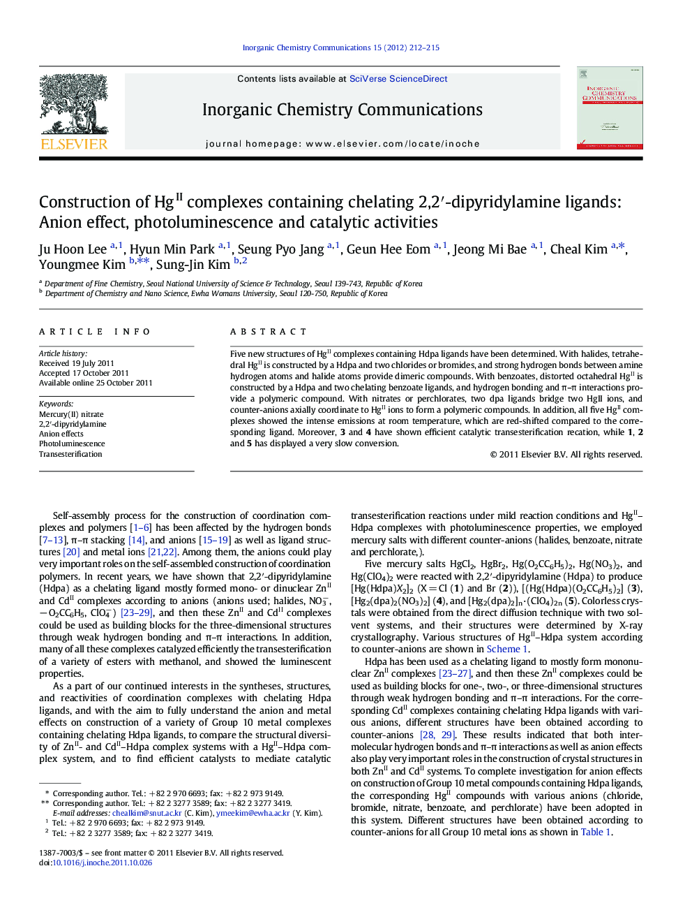 Construction of HgII complexes containing chelating 2,2â²-dipyridylamine ligands: Anion effect, photoluminescence and catalytic activities