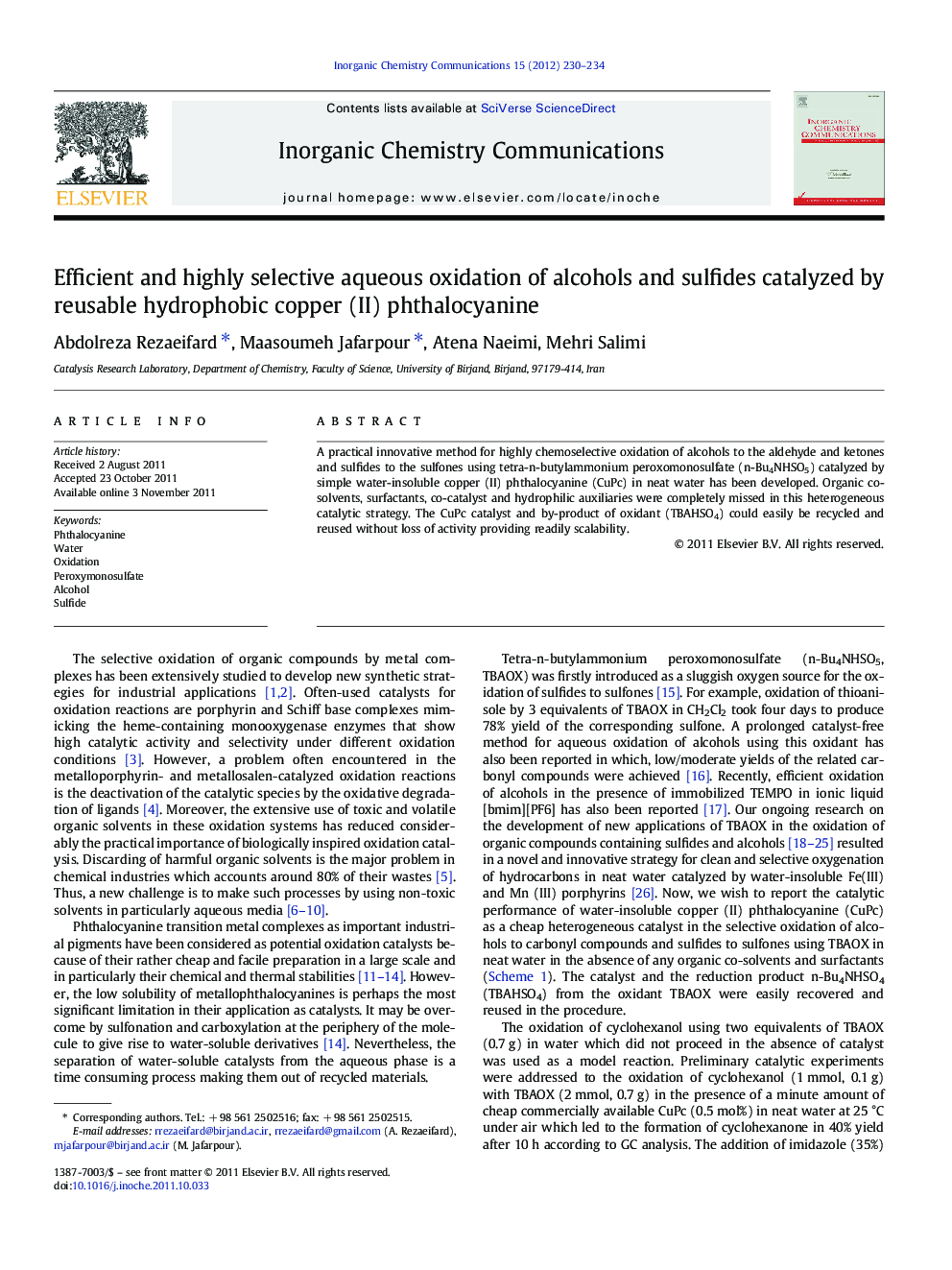 Efficient and highly selective aqueous oxidation of alcohols and sulfides catalyzed by reusable hydrophobic copper (II) phthalocyanine