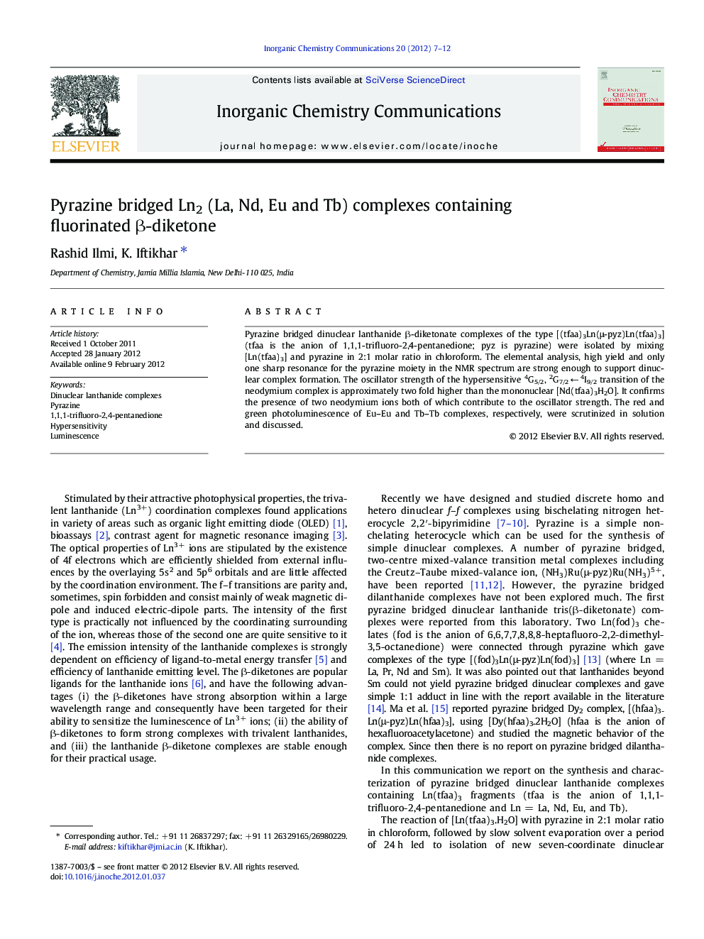 Pyrazine bridged Ln2 (La, Nd, Eu and Tb) complexes containing fluorinated β-diketone