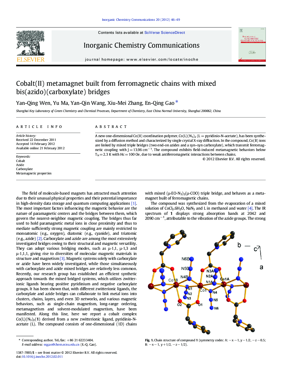 Cobalt(II) metamagnet built from ferromagnetic chains with mixed bis(azido)(carboxylate) bridges