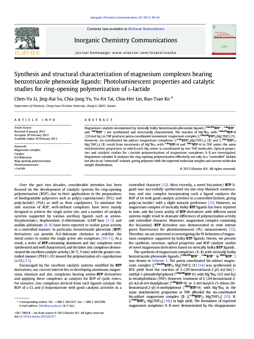 Synthesis and structural characterization of magnesium complexes bearing benzotriazole phenoxide ligands: Photoluminescent properties and catalytic studies for ring-opening polymerization of l-lactide