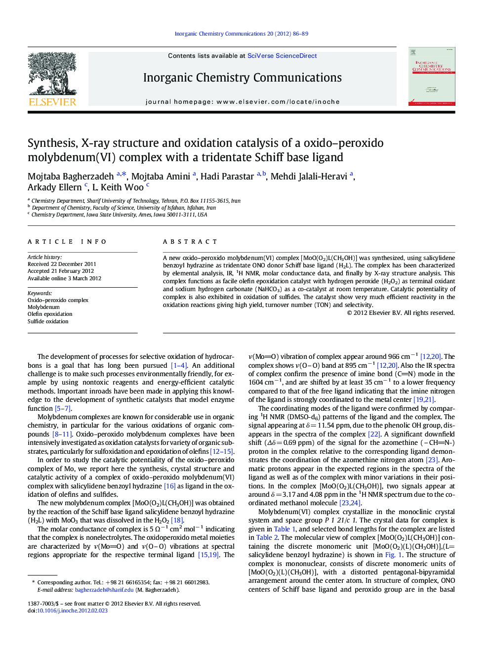 Synthesis, X-ray structure and oxidation catalysis of a oxido–peroxido molybdenum(VI) complex with a tridentate Schiff base ligand