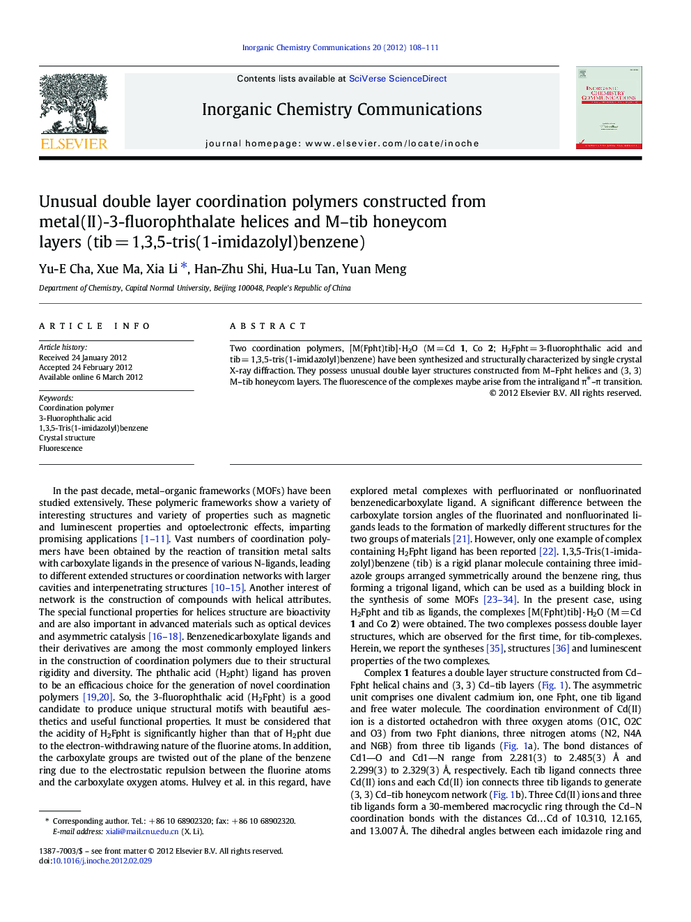 Unusual double layer coordination polymers constructed from metal(II)-3-fluorophthalate helices and M–tib honeycom layers (tib = 1,3,5-tris(1-imidazolyl)benzene)