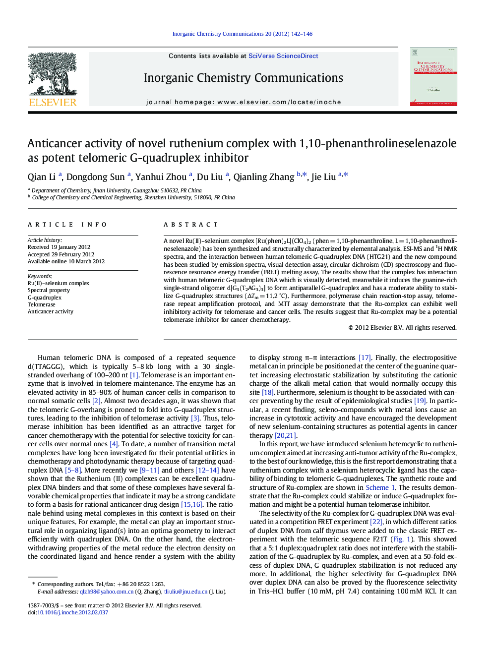 Anticancer activity of novel ruthenium complex with 1,10-phenanthrolineselenazole as potent telomeric G-quadruplex inhibitor