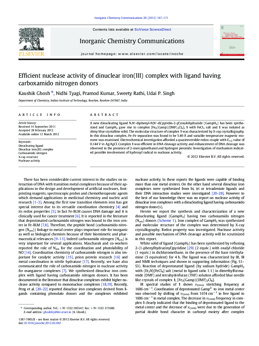 Efficient nuclease activity of dinuclear iron(III) complex with ligand having carboxamido nitrogen donors