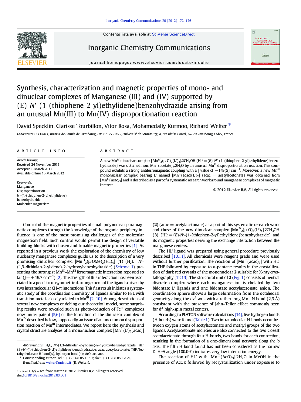 Synthesis, characterization and magnetic properties of mono- and dinuclear complexes of Manganese (III) and (IV) supported by (E)-N′-(1-(thiophene-2-yl)ethylidene)benzohydrazide arising from an unusual Mn(III) to Mn(IV) disproportionation reaction