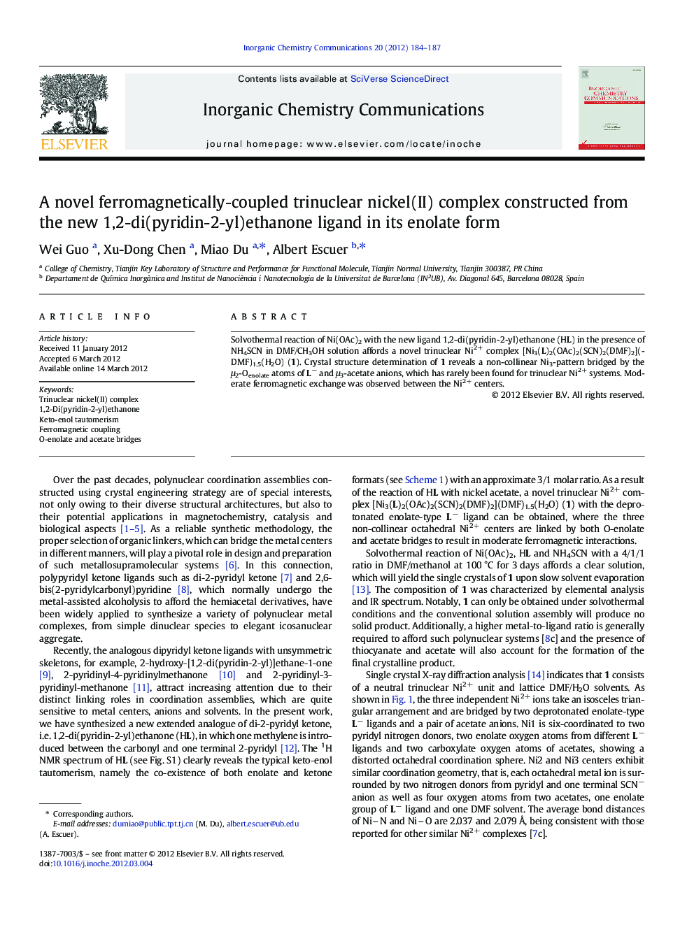 A novel ferromagnetically-coupled trinuclear nickel(II) complex constructed from the new 1,2-di(pyridin-2-yl)ethanone ligand in its enolate form