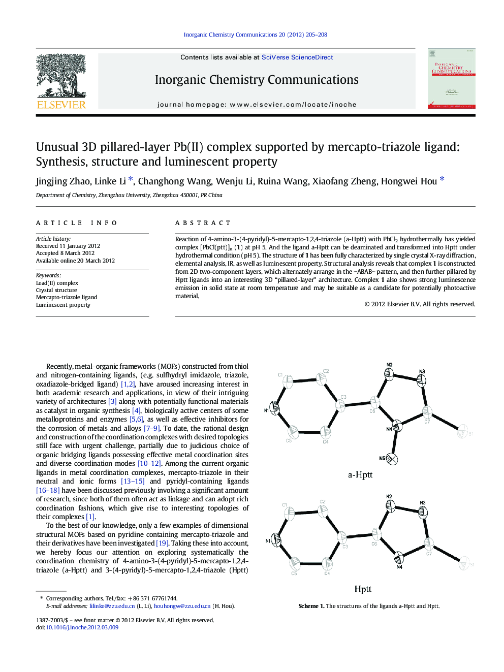 Unusual 3D pillared-layer Pb(II) complex supported by mercapto-triazole ligand: Synthesis, structure and luminescent property