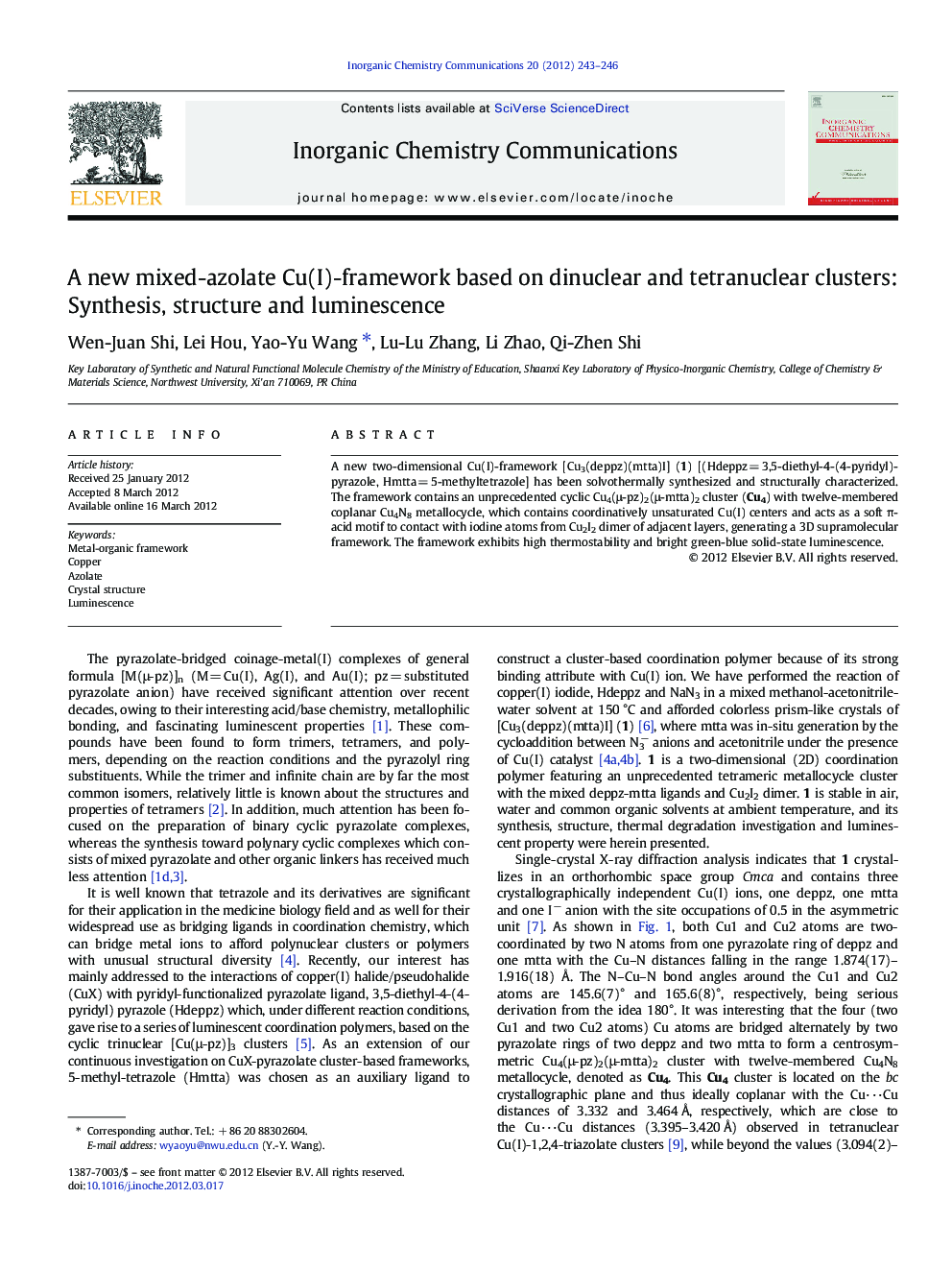 A new mixed-azolate Cu(I)-framework based on dinuclear and tetranuclear clusters: Synthesis, structure and luminescence