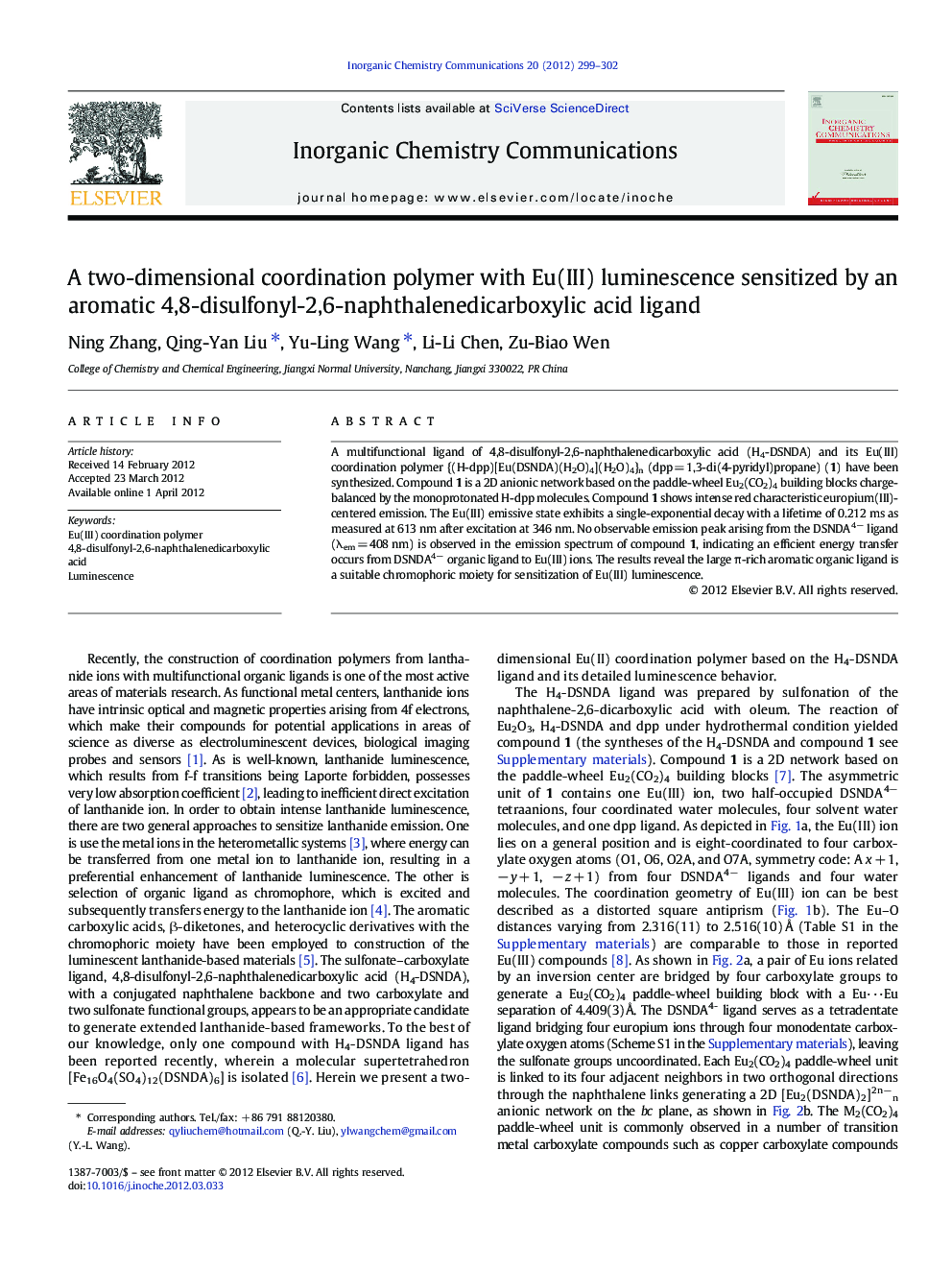 A two-dimensional coordination polymer with Eu(III) luminescence sensitized by an aromatic 4,8-disulfonyl-2,6-naphthalenedicarboxylic acid ligand