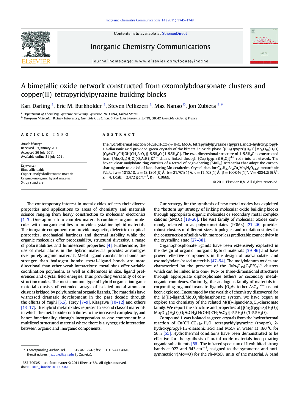 A bimetallic oxide network constructed from oxomolybdoarsonate clusters and copper(II)-tetrapyridylpyrazine building blocks