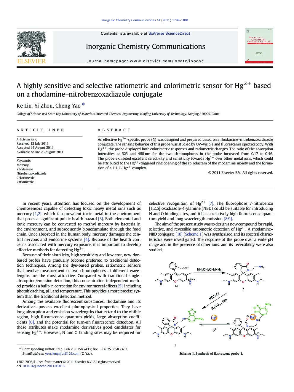 A highly sensitive and selective ratiometric and colorimetric sensor for Hg2+ based on a rhodamine–nitrobenzoxadiazole conjugate