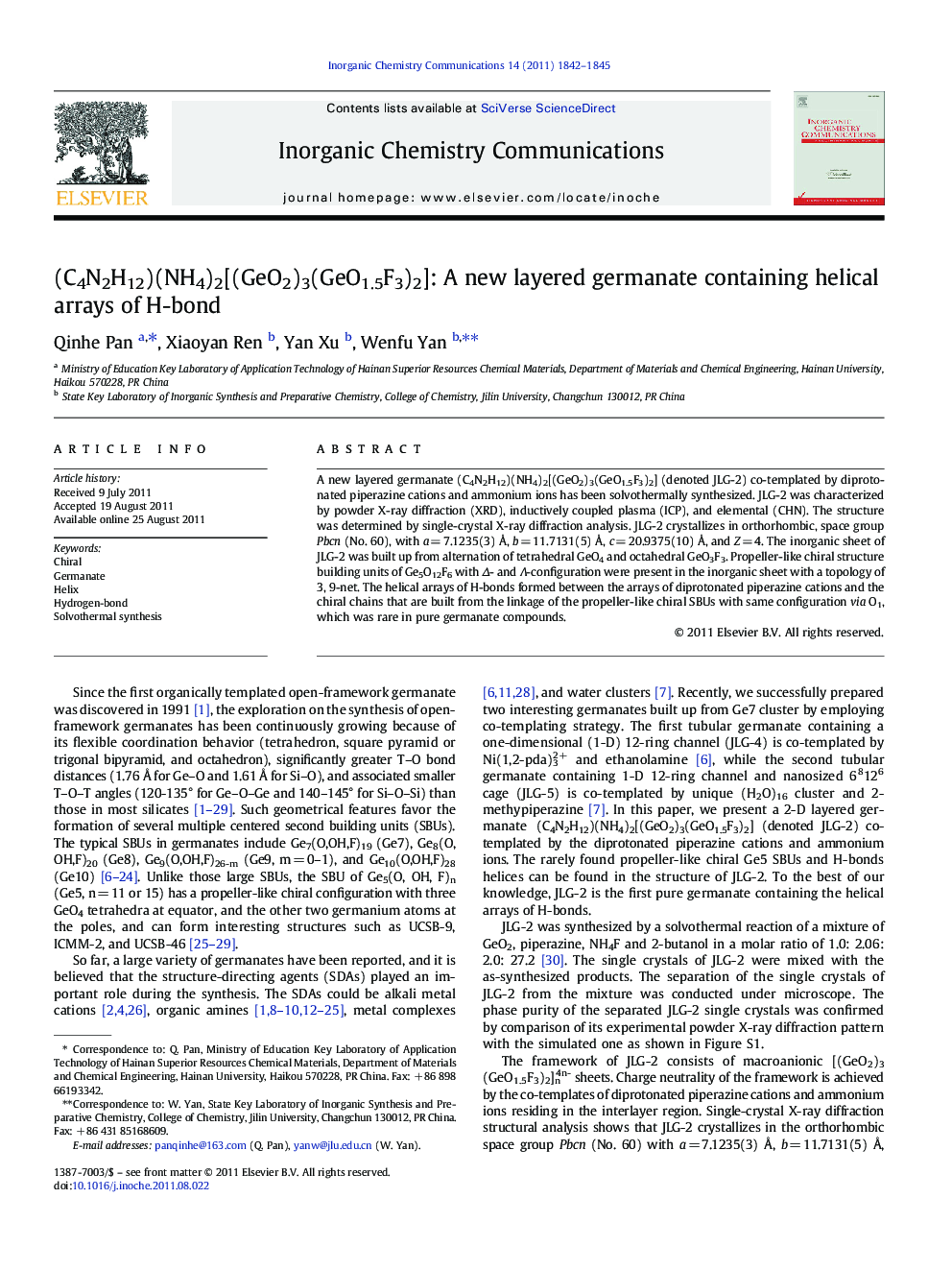 (C4N2H12)(NH4)2[(GeO2)3(GeO1.5F3)2]: A new layered germanate containing helical arrays of H-bond