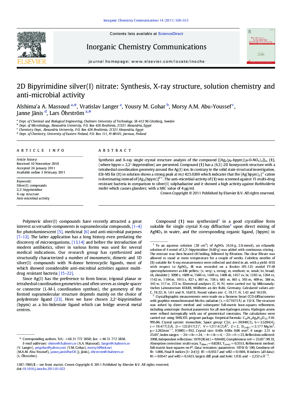 2D Bipyrimidine silver(I) nitrate: Synthesis, X-ray structure, solution chemistry and anti-microbial activity