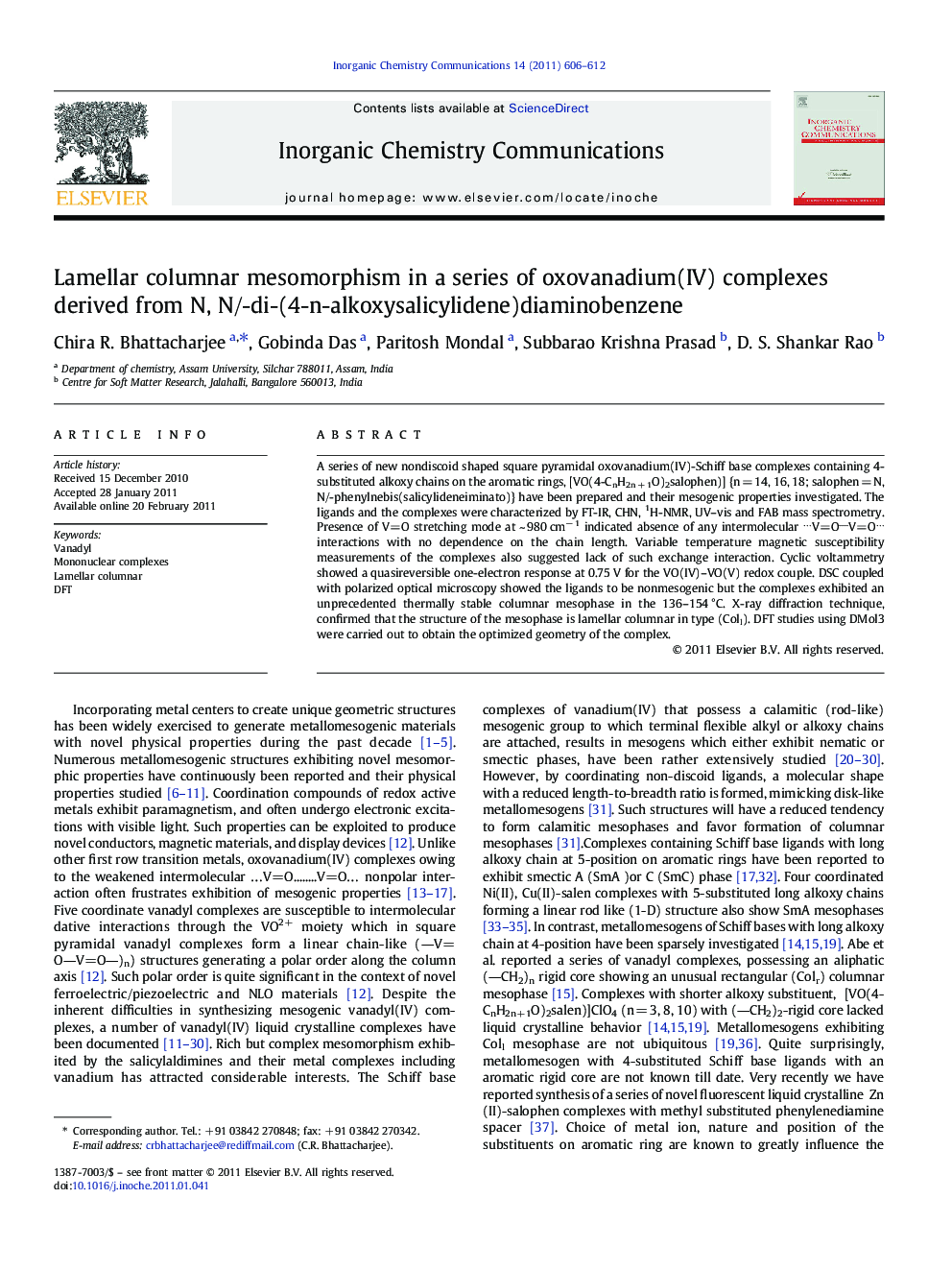 Lamellar columnar mesomorphism in a series of oxovanadium(IV) complexes derived from N, N/-di-(4-n-alkoxysalicylidene)diaminobenzene