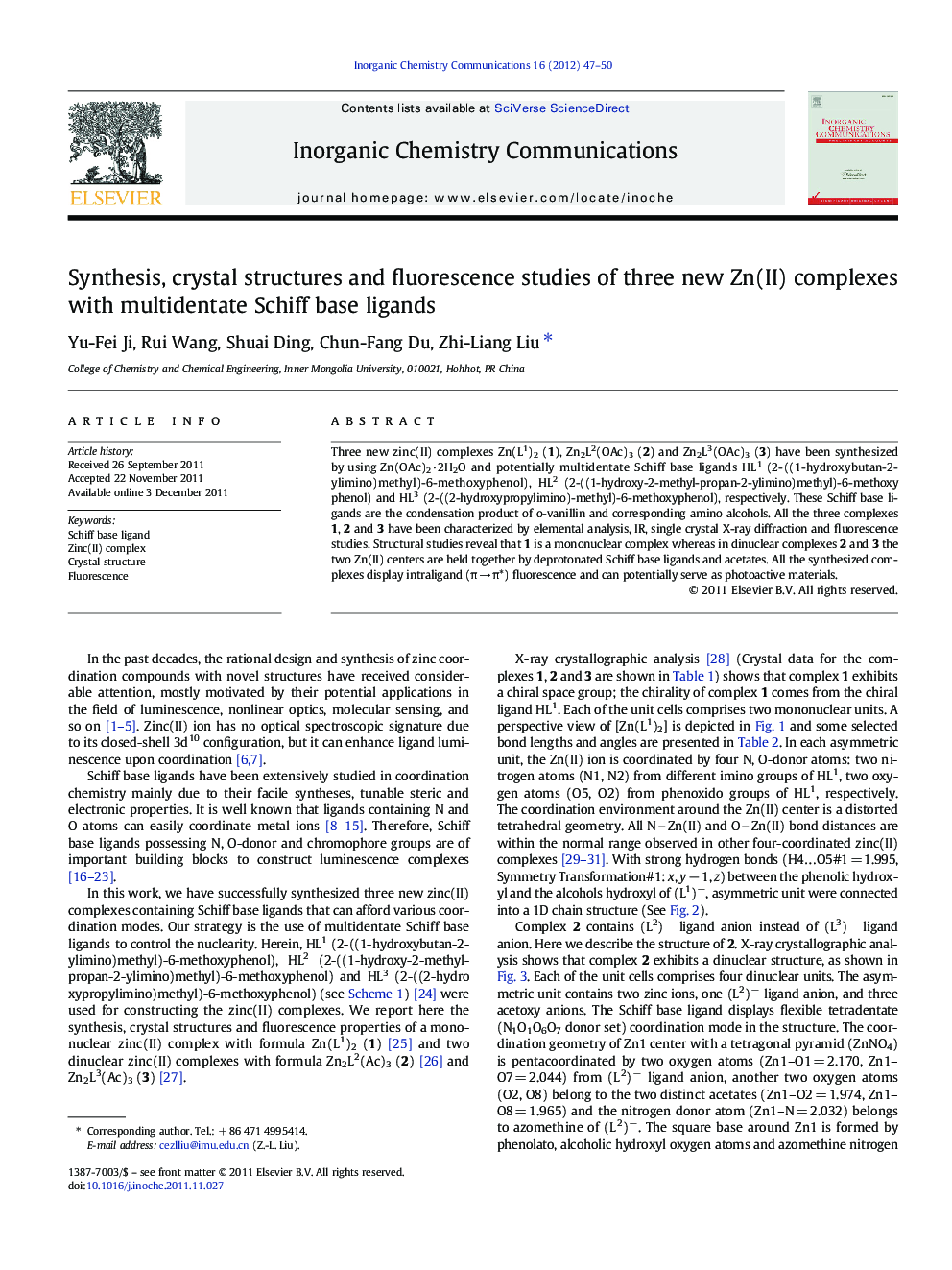 Synthesis, crystal structures and fluorescence studies of three new Zn(II) complexes with multidentate Schiff base ligands