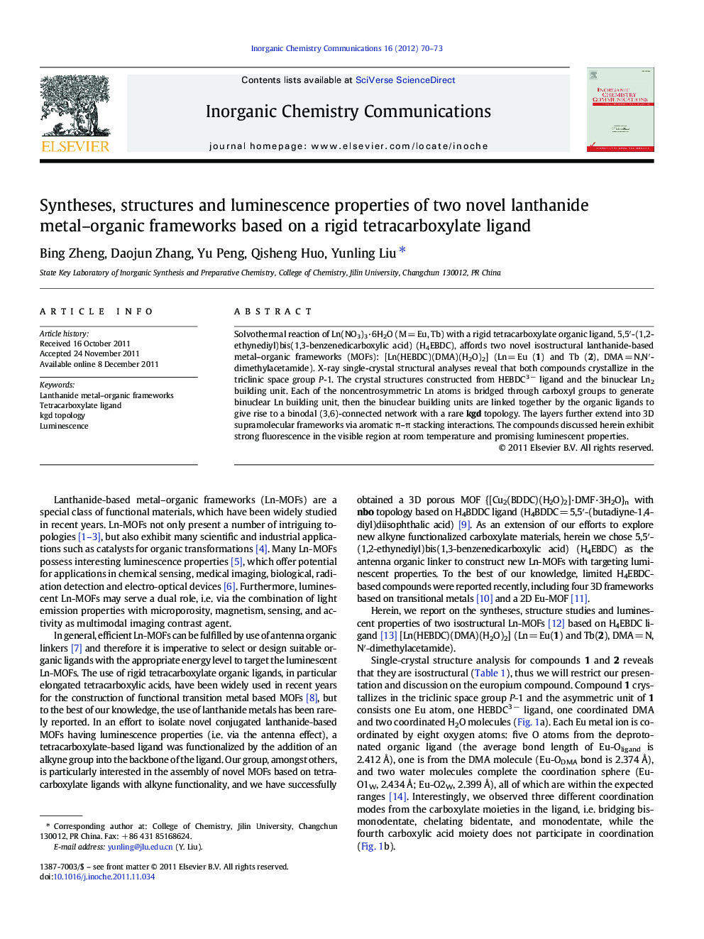 Syntheses, structures and luminescence properties of two novel lanthanide metal–organic frameworks based on a rigid tetracarboxylate ligand