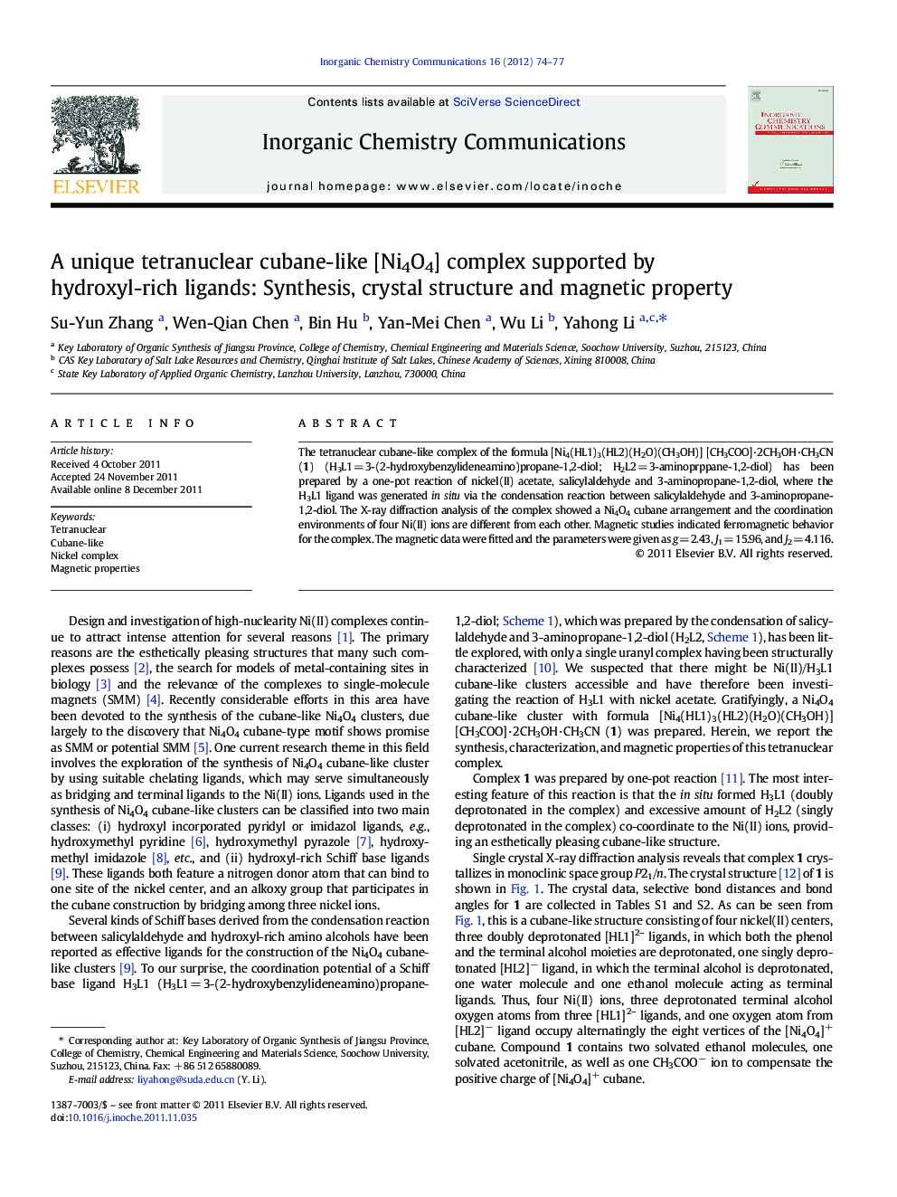 A unique tetranuclear cubane-like [Ni4O4] complex supported by hydroxyl-rich ligands: Synthesis, crystal structure and magnetic property